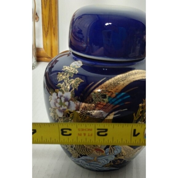 Ginger Jar  With Lid‎ Cobalt Blue with a Painting Of a  Gold Pheasant 5.5in Tall - Picture 9 of 11
